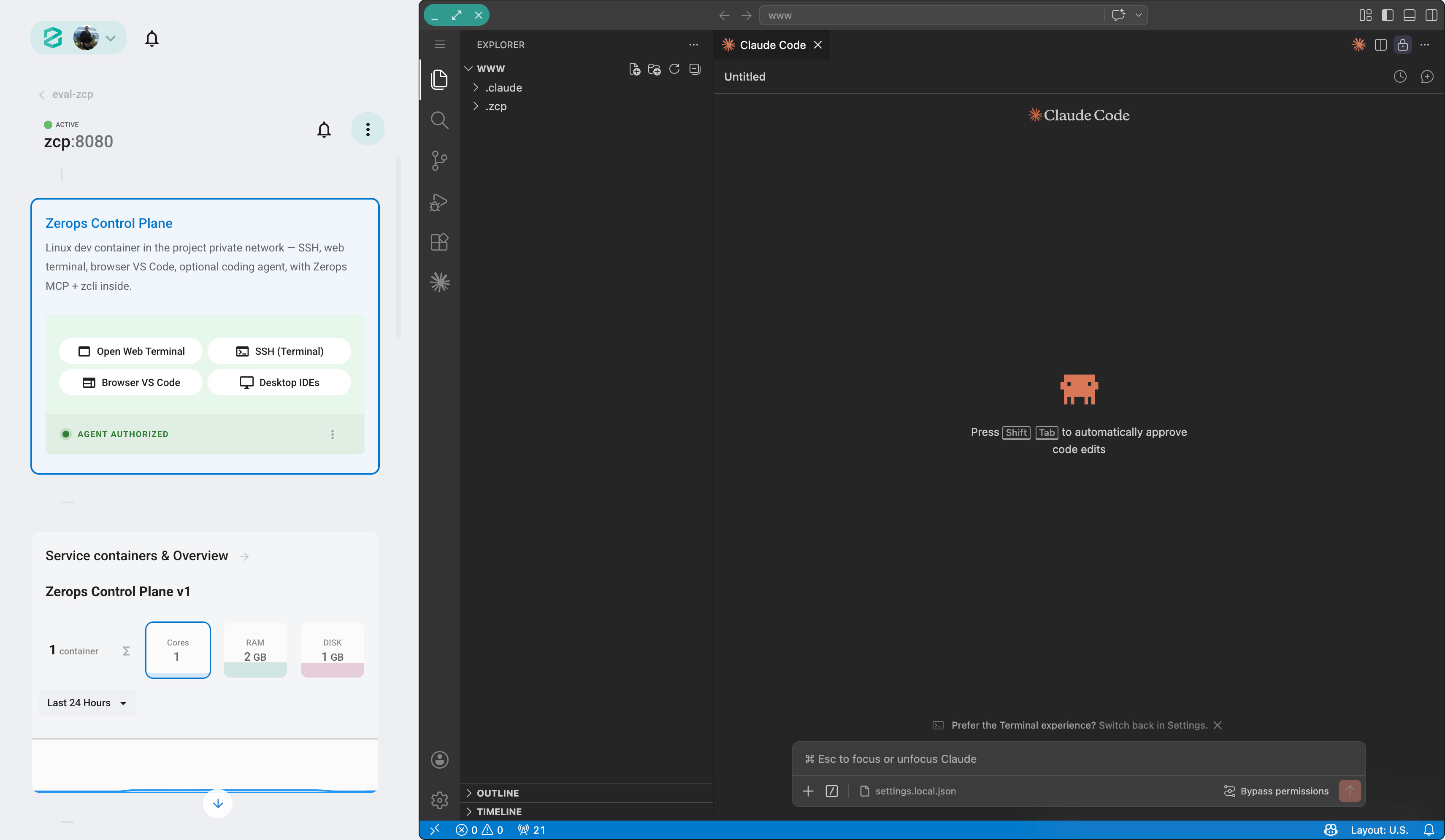 Remote setup with the zcp service in Zerops and a bundled coding agent running in browser VS Code